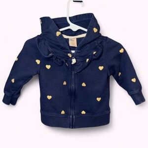 Carter's Navy Zip Hoodie with Gold Heart Print and Ruffle Collar